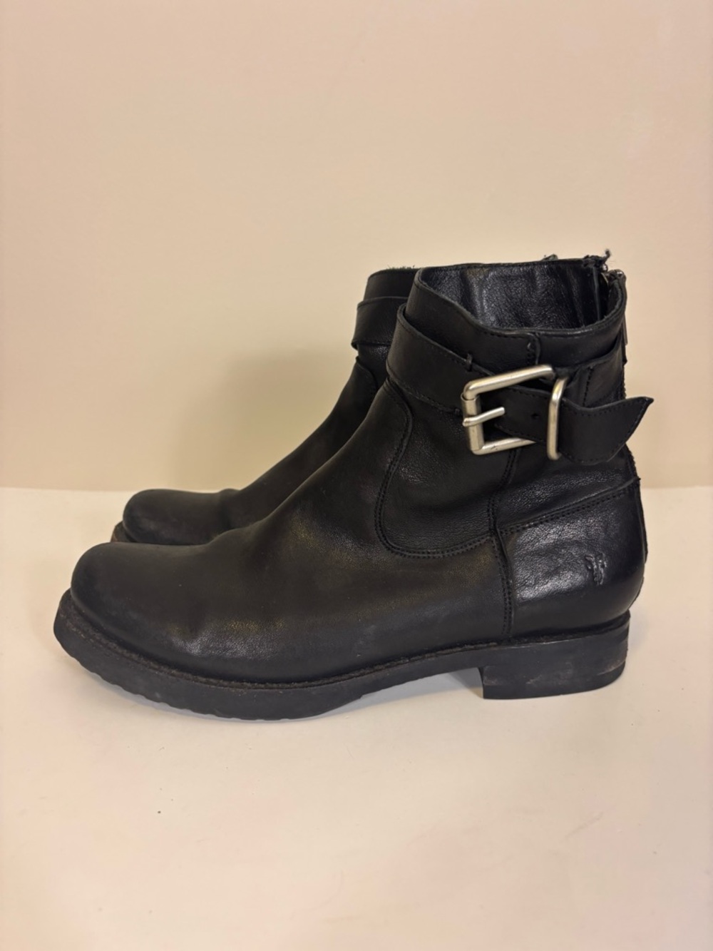 Frye Black Leather Moto Ankle Boots with Buckle Side Zipper Back Women’s‎ 7.5
